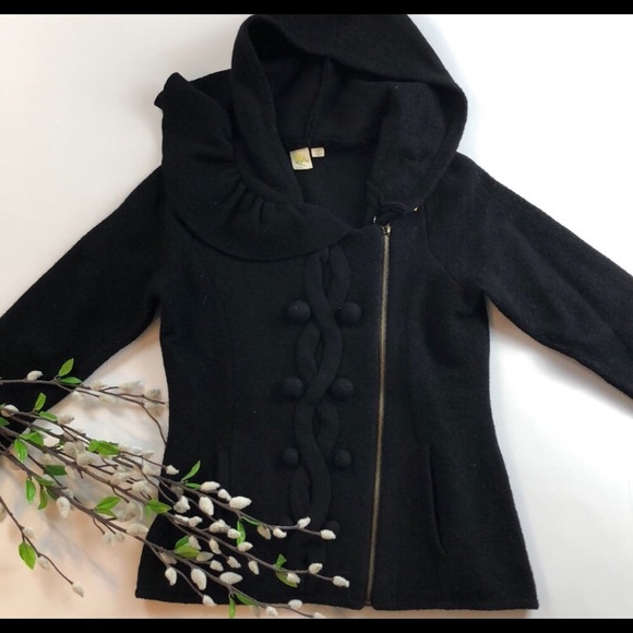 Anthropologie Sweaters - Anthropologie Black Wool Zipup Sweater Hoodie